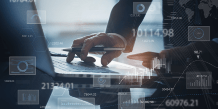 Intelligence (BI) and business analytics (BA), data analysis concept. Businessman working on laptop in office with financial graph, analytic dashboard