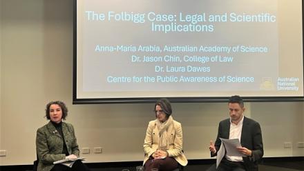 Panelists from left Dr Laura Dawes, Dr Anna-Maria Arabia, and Dr Jason Chin for the "The Folbigg Case" discussion.