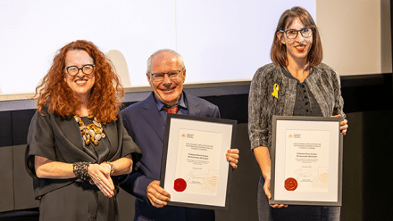 Genevieve Bell, Bruce Scates, and Alexandra McCosker holding their awards