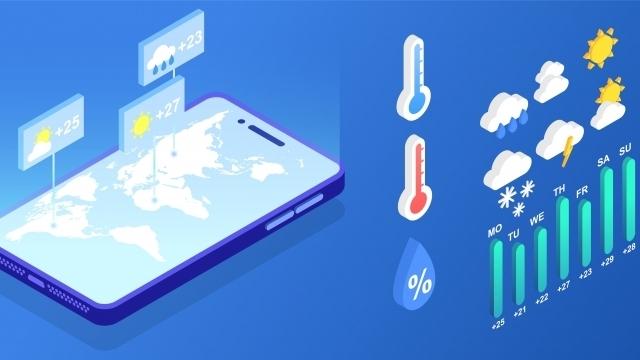 Image of a mobile phone showing Isometric weather forecast application elements