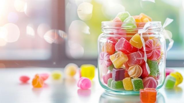 Image of a glass jar with brightly colored hard candies in different shapes on white table