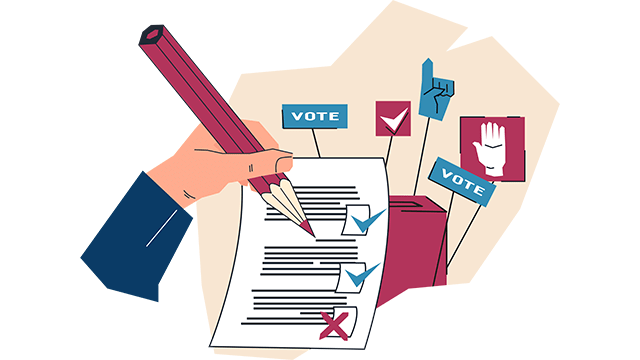 Hand of a voter voting for a party candidate in an election. Theme of democratic elections and voting.