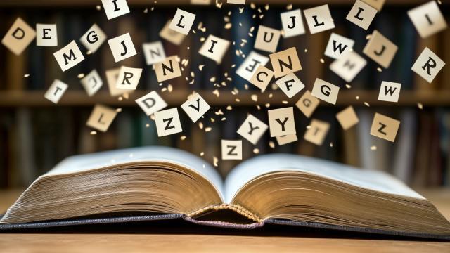 Open book with flying letters in a library setting