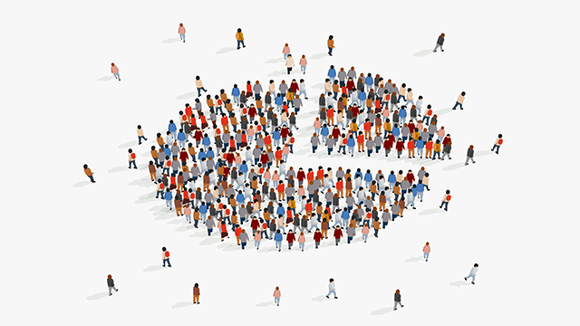 Population demographics report, pie chart composed of people.