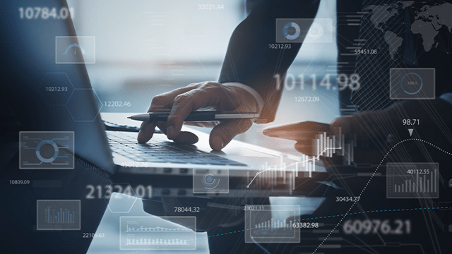 Intelligence (BI) and business analytics (BA), data analysis concept. Businessman working on laptop in office with financial graph, analytic dashboard