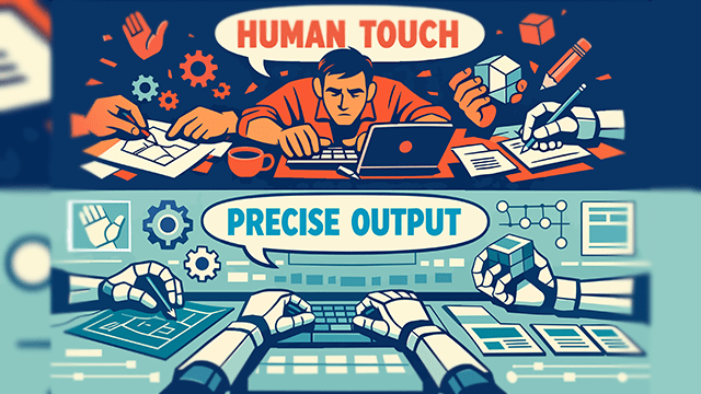 Human hands demonstrating creativity and design process above, robotic hands showcasing precise output and automated tasks below