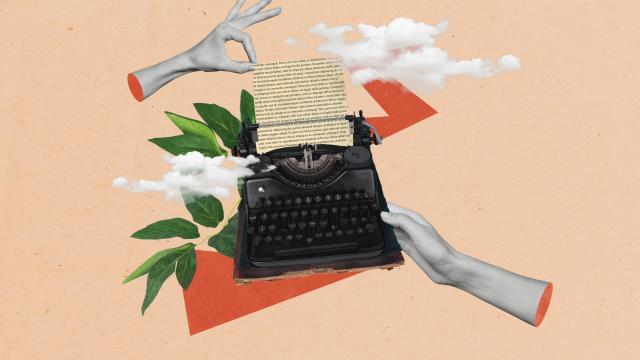 Collage creative picture of hands holding mechanical retro keyboard journalist typewriter antique document isolated on beige background