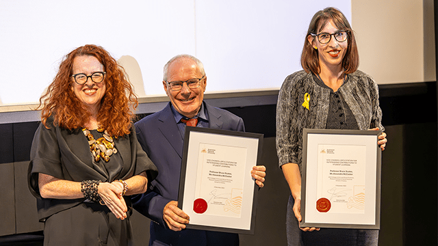 Genevieve Bell, Bruce Scates, and Alexandra McCosker holding their awards