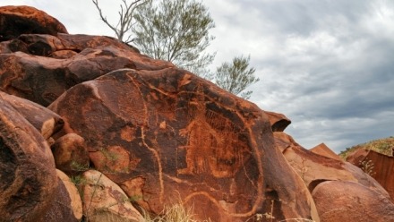 a large red rock with aboriginal Punda art of an animal with a tree on top of it