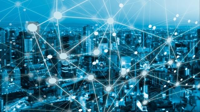 Double exposure global concept of business and technology network on city background